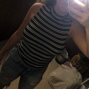 High neck sleeveless navy blue & white striped top